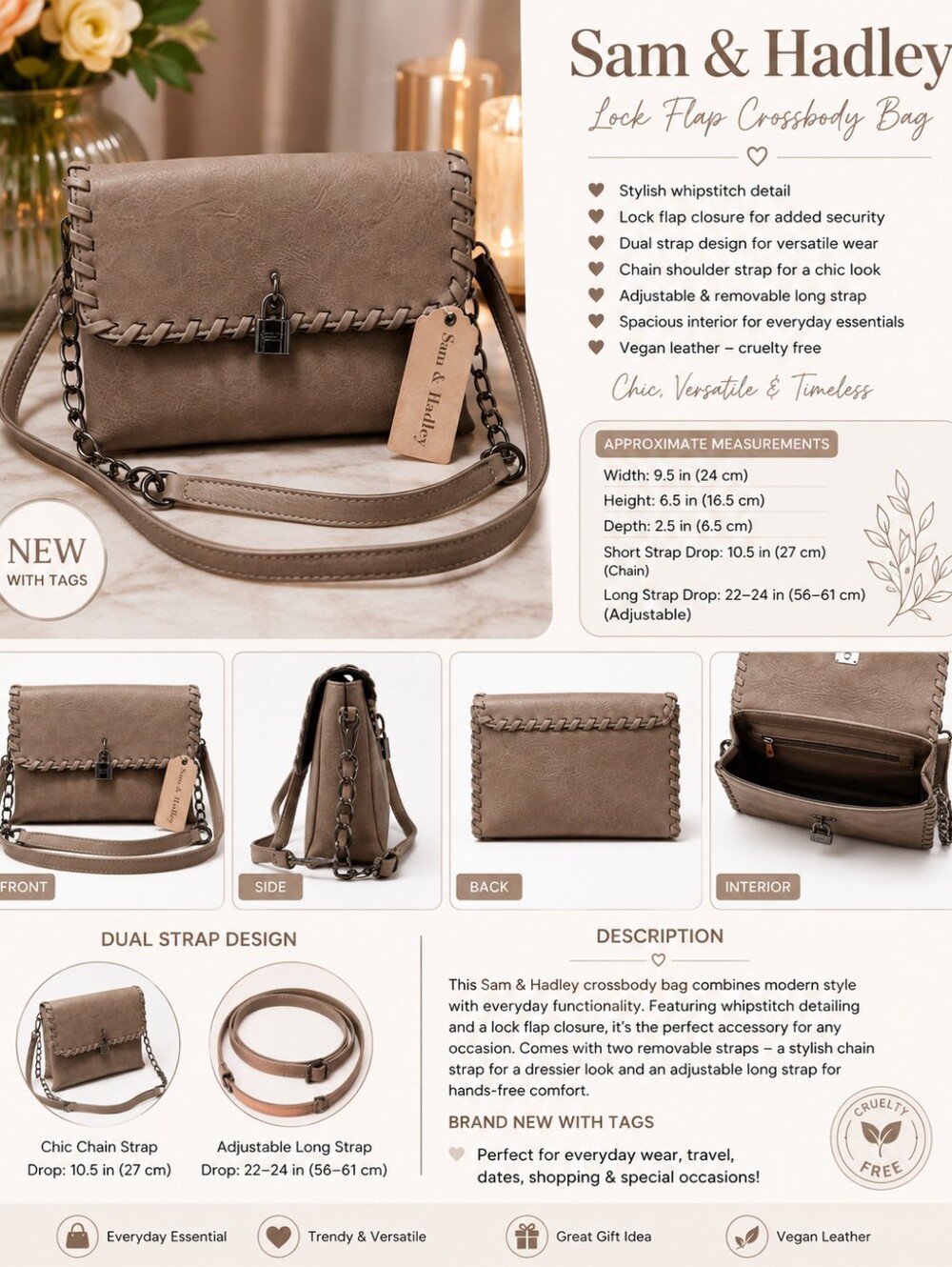 SAM & HADLEY TAPE LOCK FLAP CROSSBODY BAG